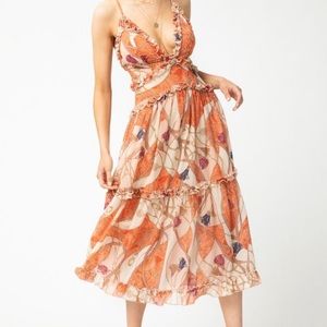 Orange Cutout Midi Dress Spaghetti Straps Tropical Print Cutout midi Dress